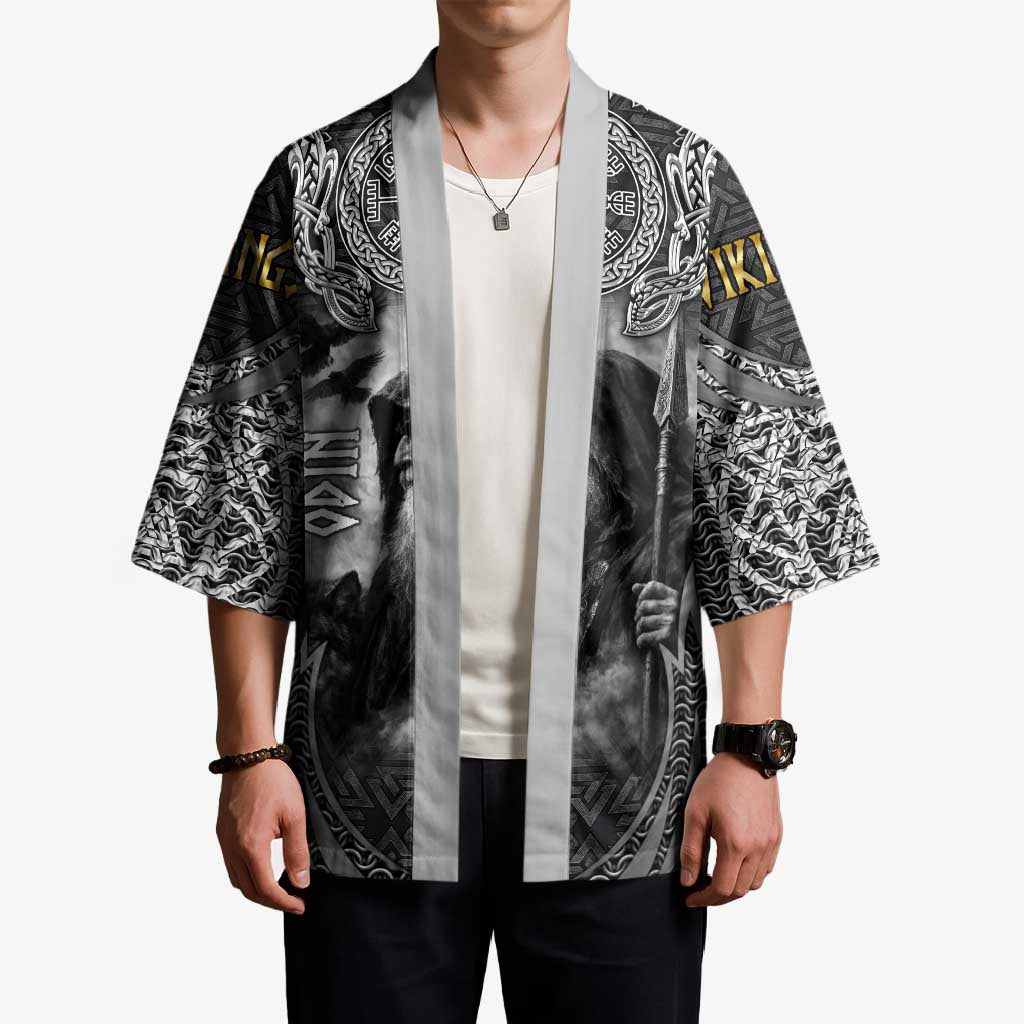 Odin and Viking Warrior Norse Mythology Kimono Realistic Black and Grey Tattoo Style
