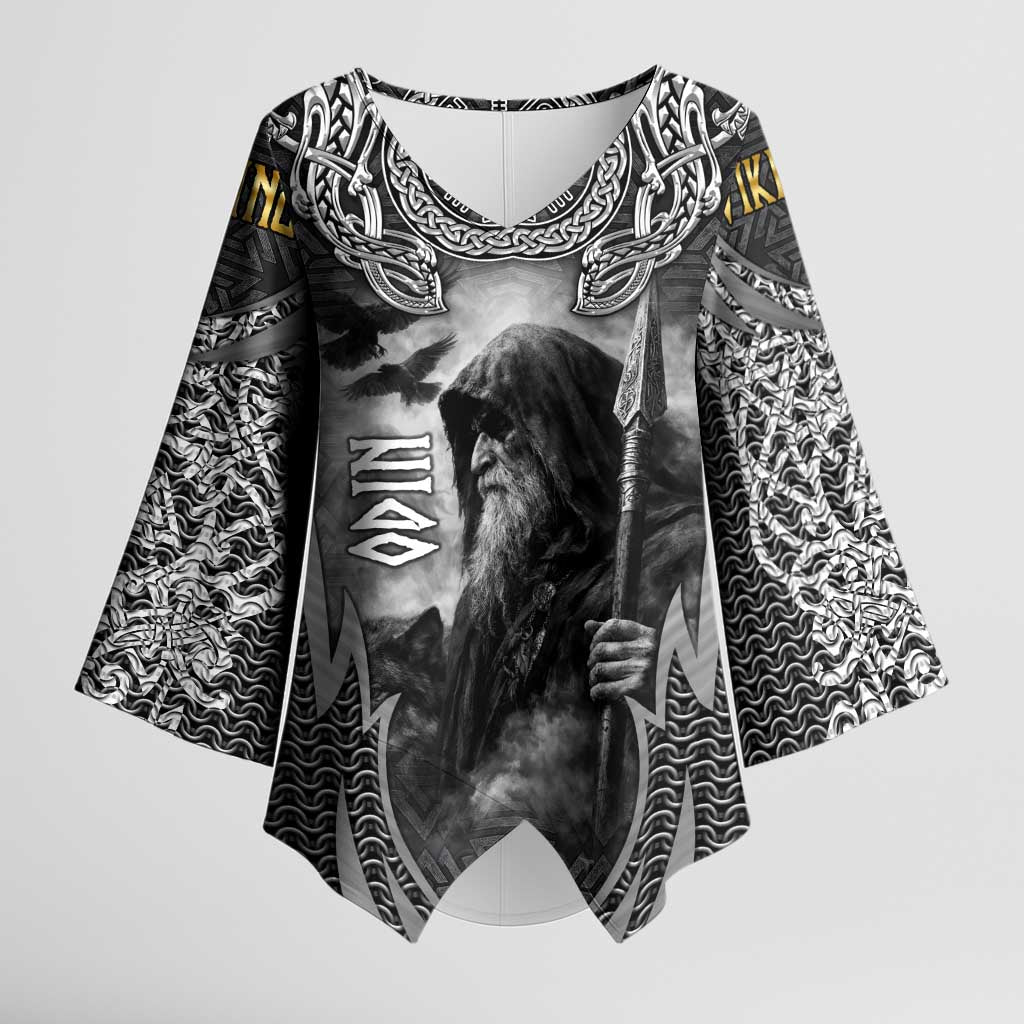 Odin and Viking Warrior Norse Mythology Kimono Sleeve Blouse Realistic Black and Grey Tattoo Style