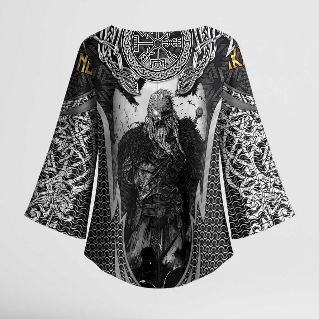 Odin and Viking Warrior Norse Mythology Kimono Sleeve Blouse Realistic Black and Grey Tattoo Style