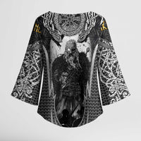 Odin and Viking Warrior Norse Mythology Kimono Sleeve Blouse Realistic Black and Grey Tattoo Style