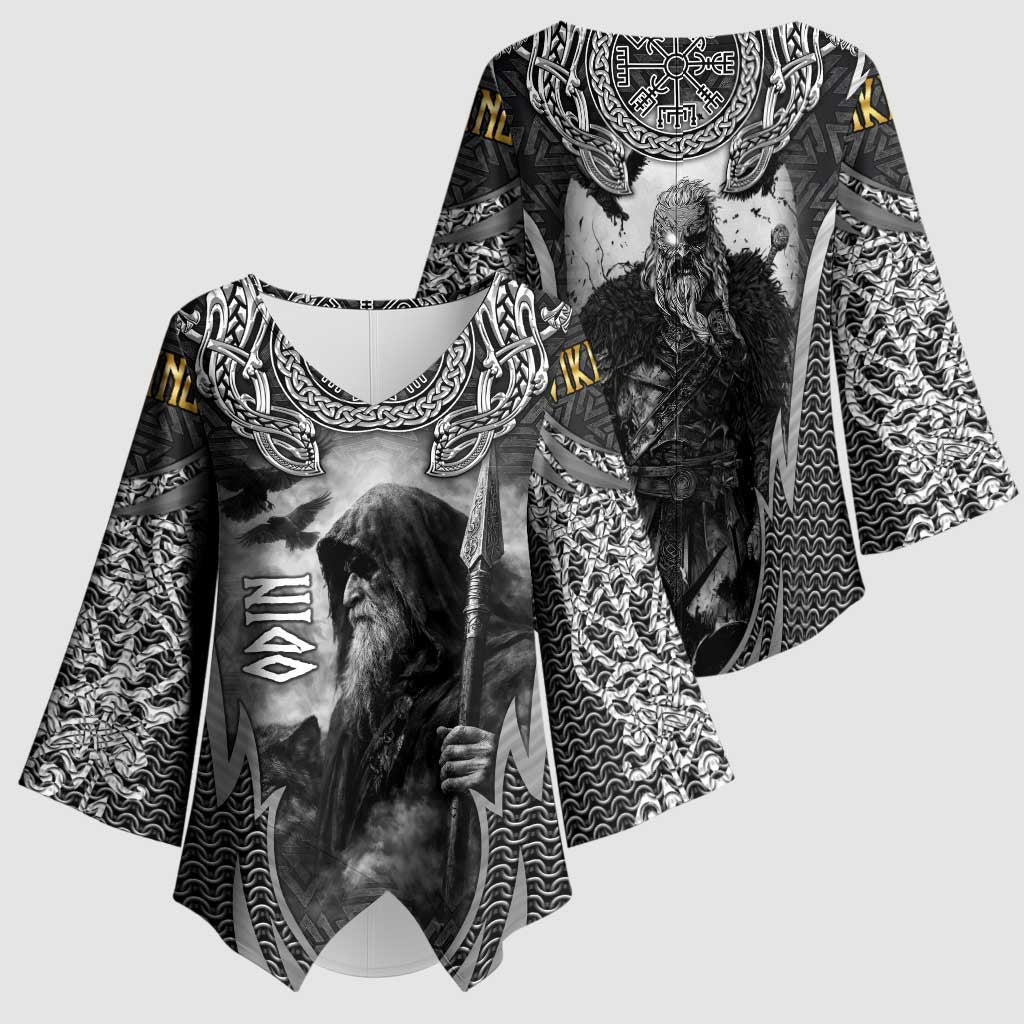 Odin and Viking Warrior Norse Mythology Kimono Sleeve Blouse Realistic Black and Grey Tattoo Style