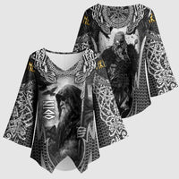 Odin and Viking Warrior Norse Mythology Kimono Sleeve Blouse Realistic Black and Grey Tattoo Style