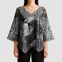 Odin and Viking Warrior Norse Mythology Kimono Sleeve Blouse Realistic Black and Grey Tattoo Style