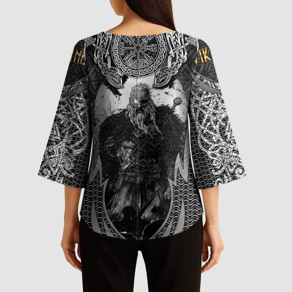 Odin and Viking Warrior Norse Mythology Kimono Sleeve Blouse Realistic Black and Grey Tattoo Style