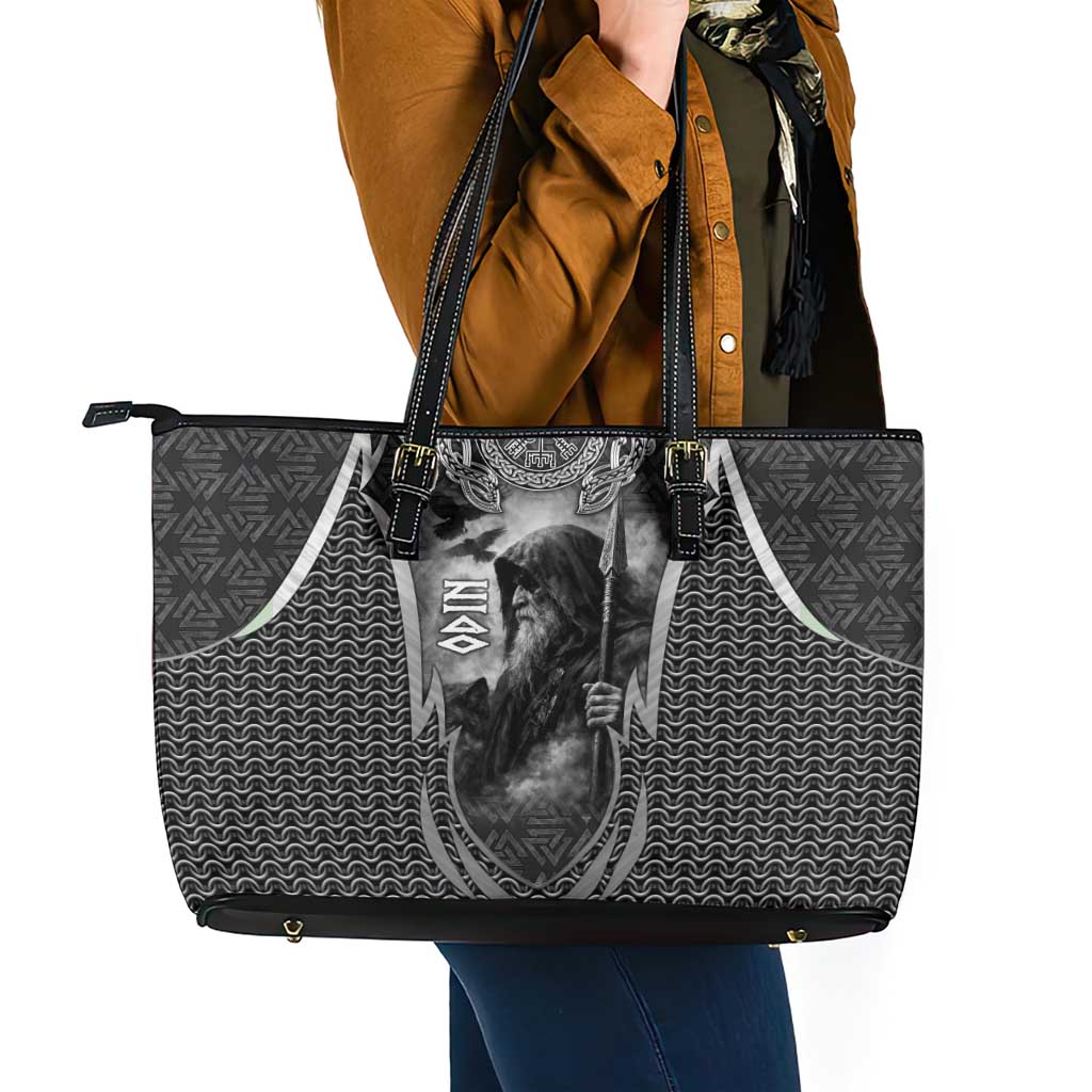 Odin and Viking Warrior Norse Mythology Leather Tote Bag Realistic Black and Grey Tattoo Style
