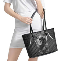 Odin and Viking Warrior Norse Mythology Leather Tote Bag Realistic Black and Grey Tattoo Style