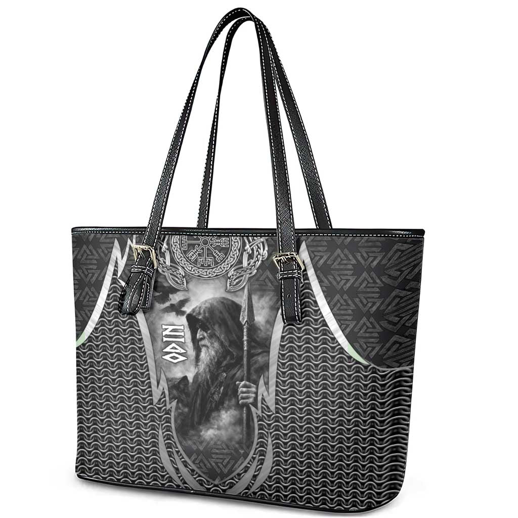 Odin and Viking Warrior Norse Mythology Leather Tote Bag Realistic Black and Grey Tattoo Style