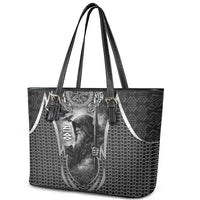 Odin and Viking Warrior Norse Mythology Leather Tote Bag Realistic Black and Grey Tattoo Style