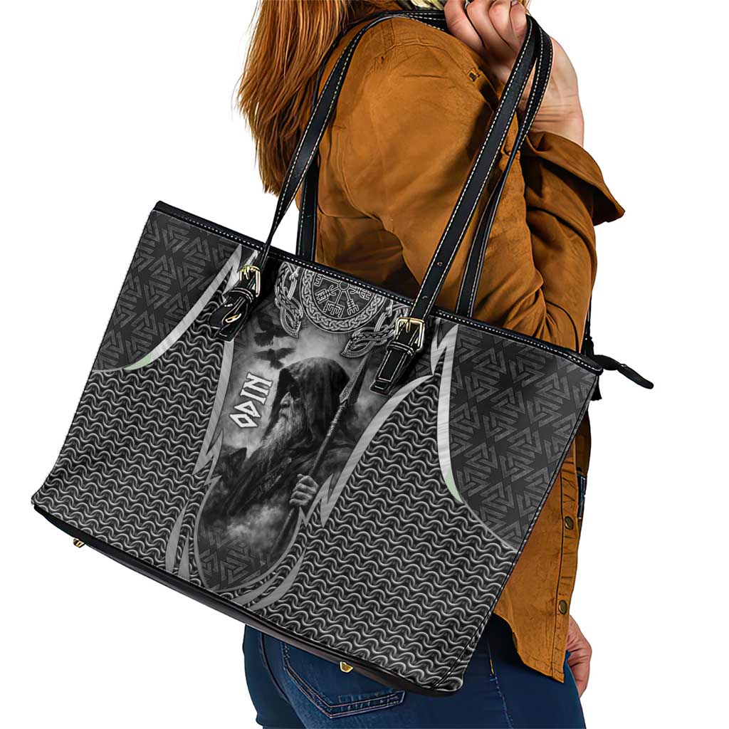 Odin and Viking Warrior Norse Mythology Leather Tote Bag Realistic Black and Grey Tattoo Style