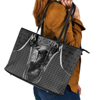 Odin and Viking Warrior Norse Mythology Leather Tote Bag Realistic Black and Grey Tattoo Style