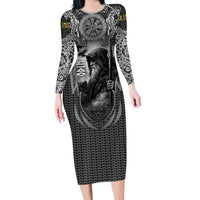 Odin and Viking Warrior Norse Mythology Long Sleeve Bodycon Dress Realistic Black and Grey Tattoo Style