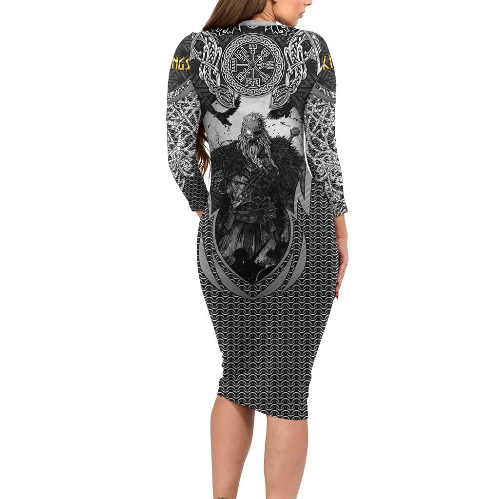 Odin and Viking Warrior Norse Mythology Long Sleeve Bodycon Dress Realistic Black and Grey Tattoo Style