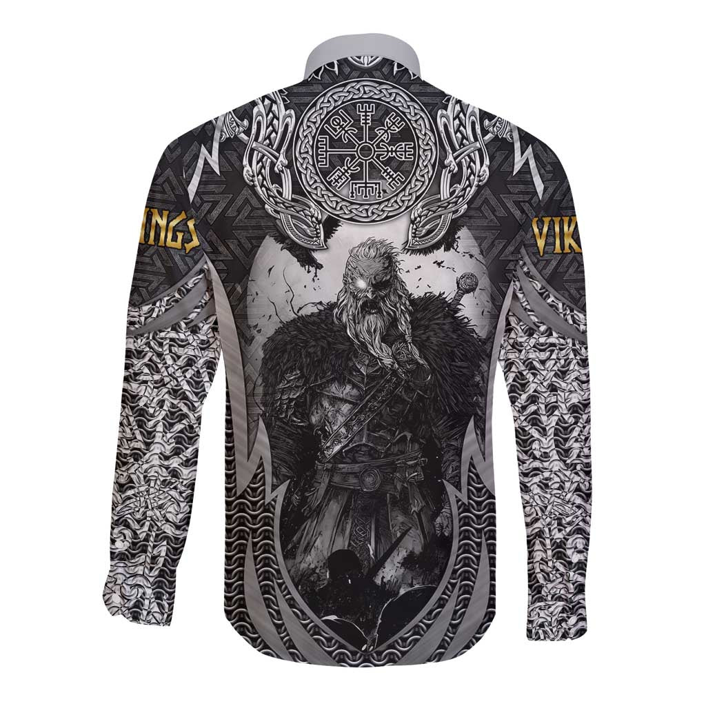 Odin and Viking Warrior Norse Mythology Long Sleeve Button Shirt Realistic Black and Grey Tattoo Style