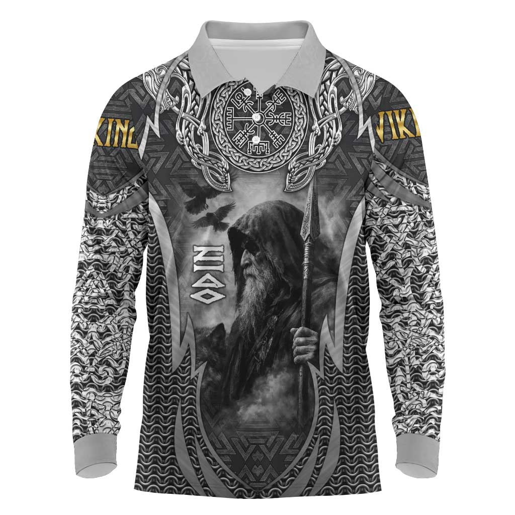 Odin and Viking Warrior Norse Mythology Long Sleeve Polo Shirt Realistic Black and Grey Tattoo Style