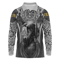 Odin and Viking Warrior Norse Mythology Long Sleeve Polo Shirt Realistic Black and Grey Tattoo Style