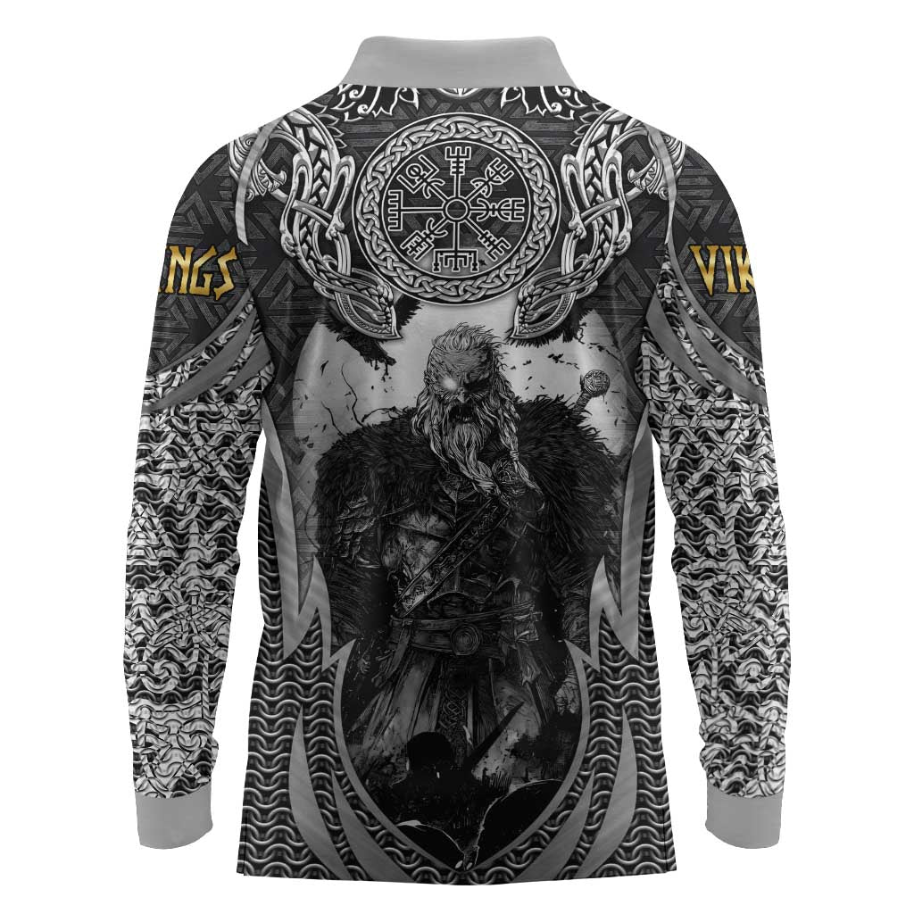 Odin and Viking Warrior Norse Mythology Long Sleeve Polo Shirt Realistic Black and Grey Tattoo Style