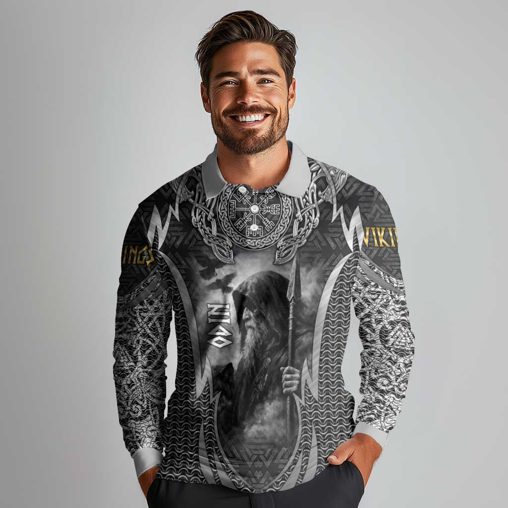 Odin and Viking Warrior Norse Mythology Long Sleeve Polo Shirt Realistic Black and Grey Tattoo Style