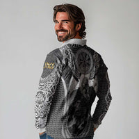 Odin and Viking Warrior Norse Mythology Long Sleeve Polo Shirt Realistic Black and Grey Tattoo Style