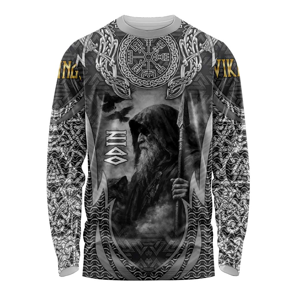 Odin and Viking Warrior Norse Mythology Long Sleeve Shirt Realistic Black and Grey Tattoo Style