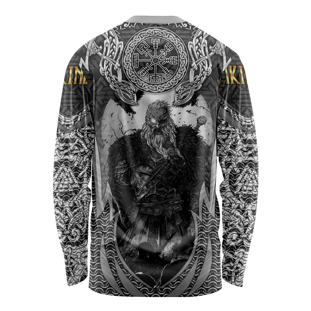 Odin and Viking Warrior Norse Mythology Long Sleeve Shirt Realistic Black and Grey Tattoo Style