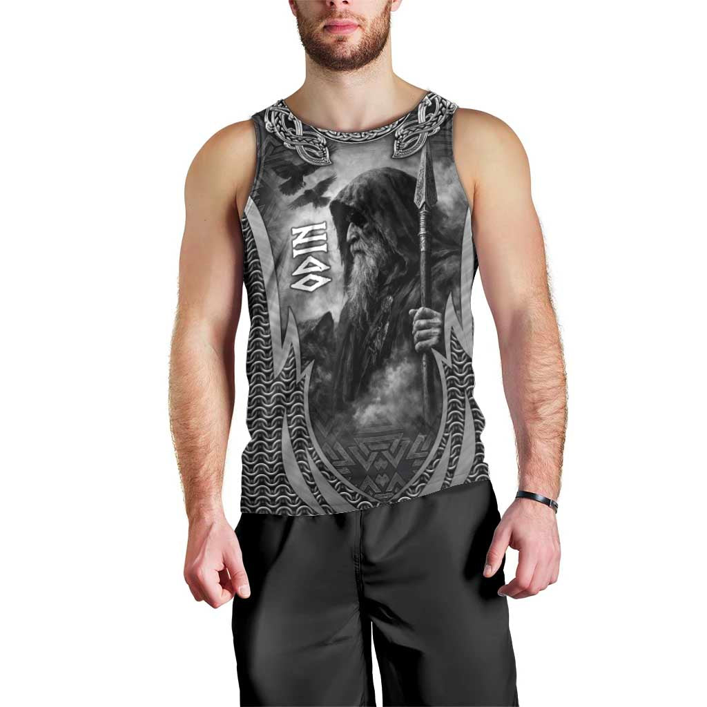Odin and Viking Warrior Norse Mythology Men Tank Top Realistic Black and Grey Tattoo Style