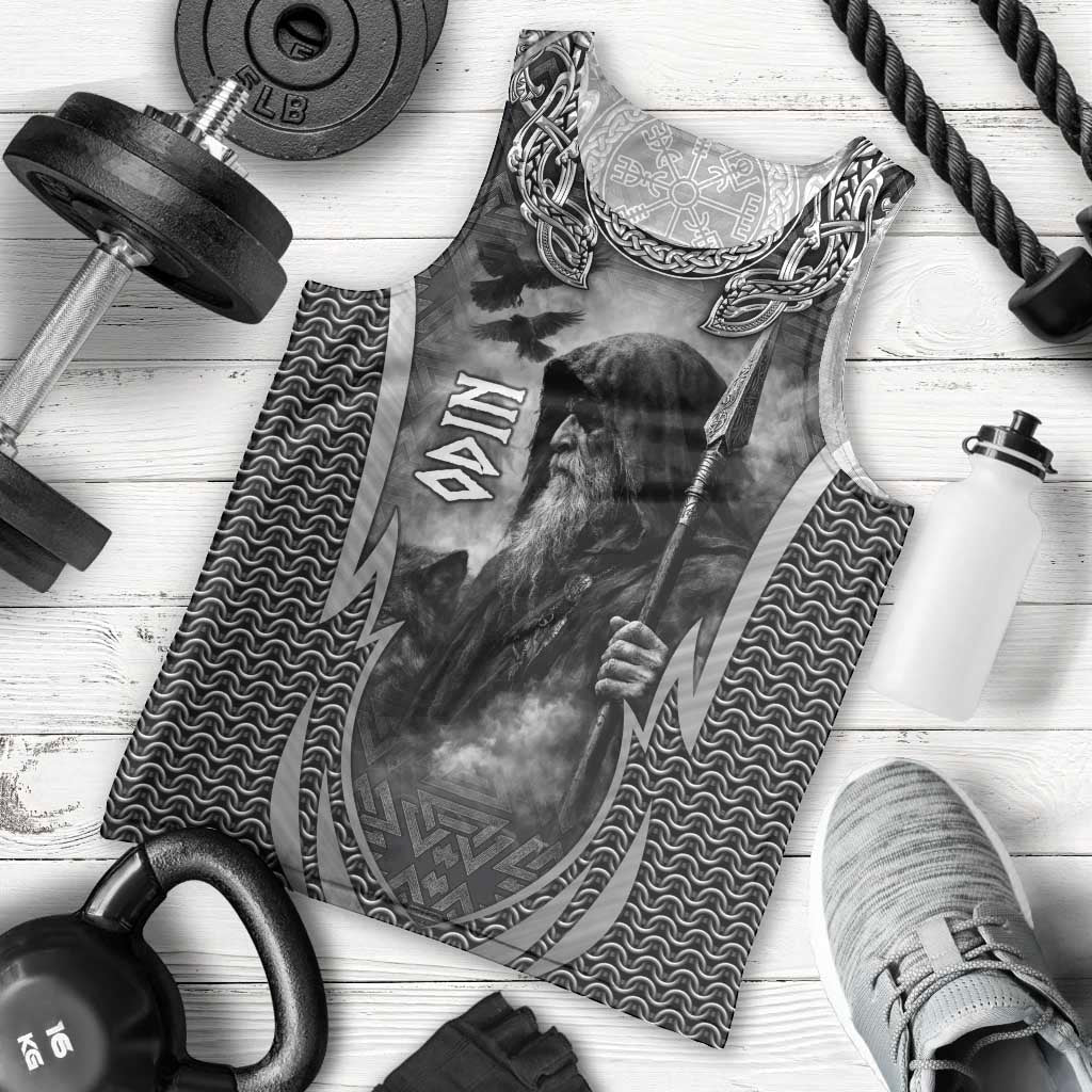 Odin and Viking Warrior Norse Mythology Men Tank Top Realistic Black and Grey Tattoo Style