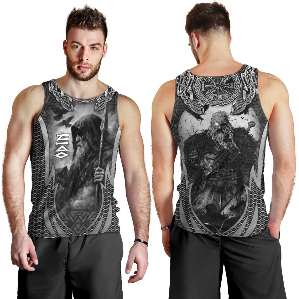 Odin and Viking Warrior Norse Mythology Men Tank Top Realistic Black and Grey Tattoo Style