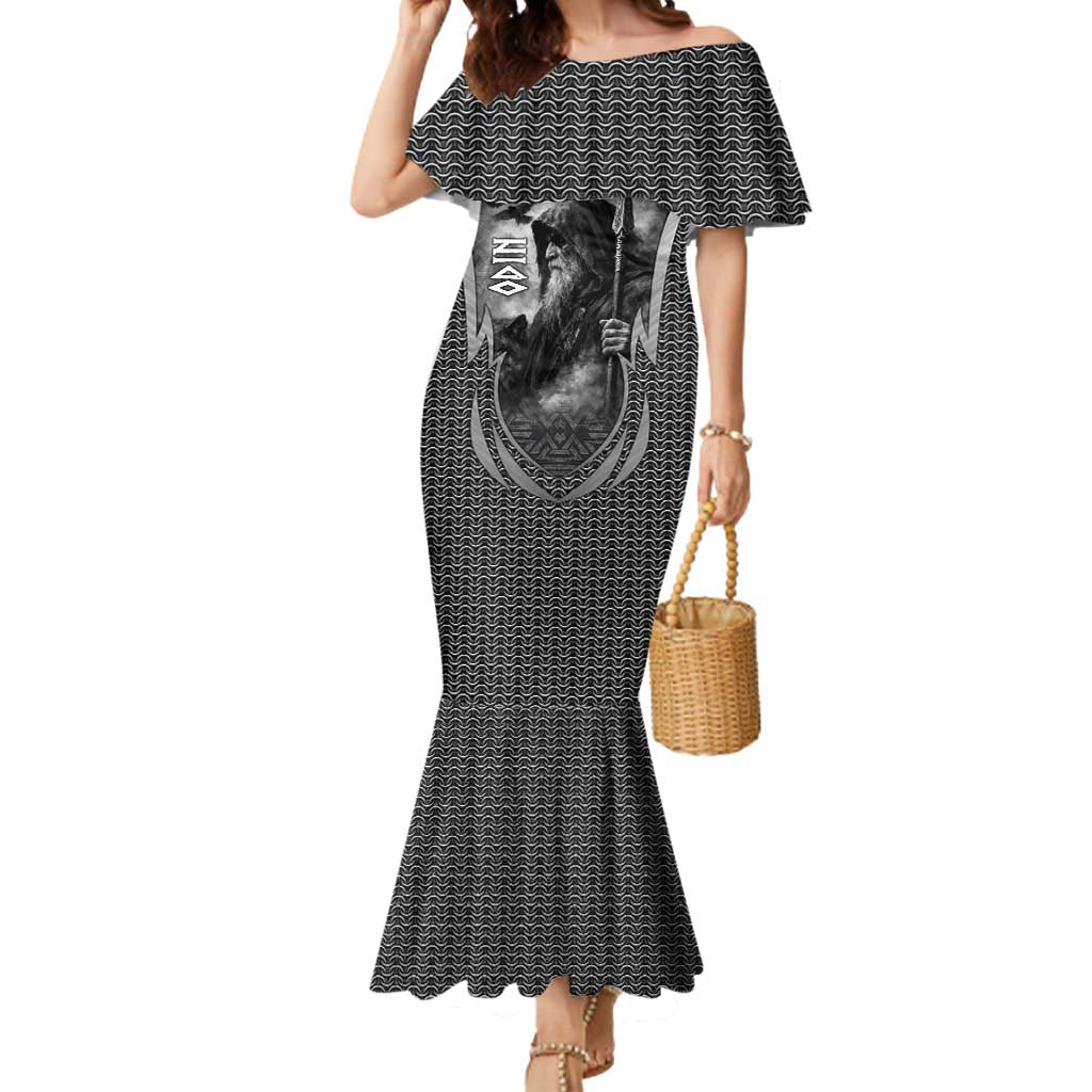 Odin and Viking Warrior Norse Mythology Mermaid Dress Realistic Black and Grey Tattoo Style