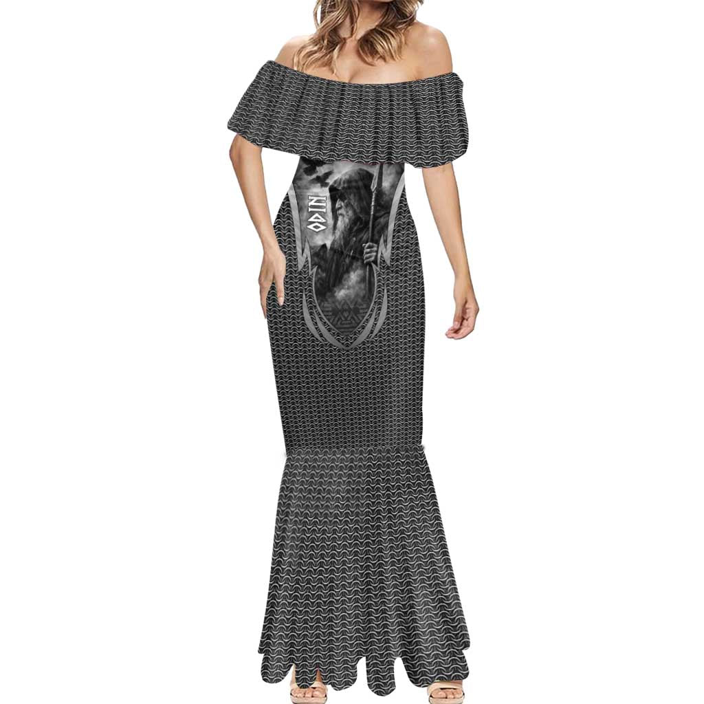 Odin and Viking Warrior Norse Mythology Mermaid Dress Realistic Black and Grey Tattoo Style