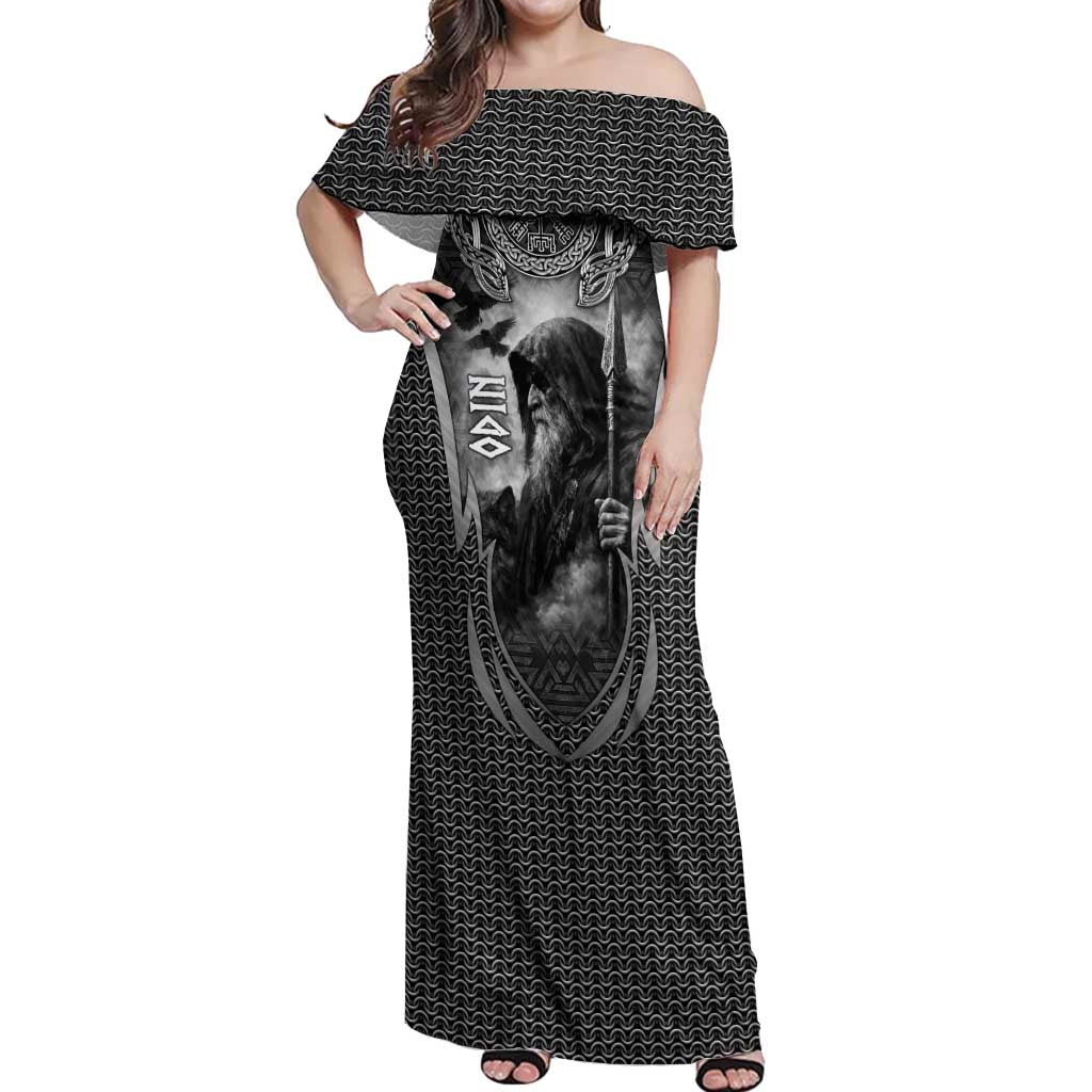 Odin and Viking Warrior Norse Mythology Off Shoulder Maxi Dress Realistic Black and Grey Tattoo Style