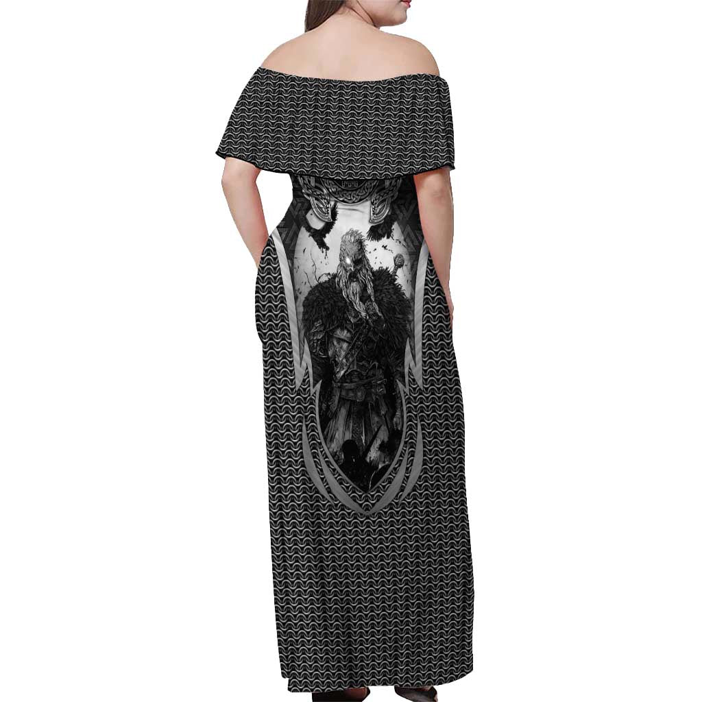 Odin and Viking Warrior Norse Mythology Off Shoulder Maxi Dress Realistic Black and Grey Tattoo Style