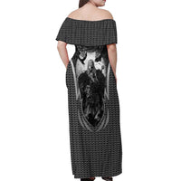 Odin and Viking Warrior Norse Mythology Off Shoulder Maxi Dress Realistic Black and Grey Tattoo Style