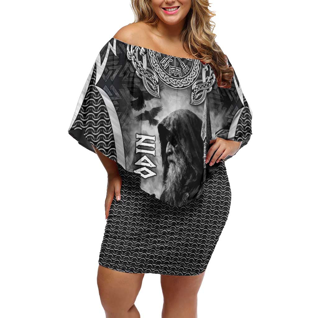 Odin and Viking Warrior Norse Mythology Off Shoulder Short Dress Realistic Black and Grey Tattoo Style