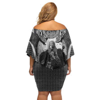 Odin and Viking Warrior Norse Mythology Off Shoulder Short Dress Realistic Black and Grey Tattoo Style