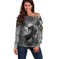 Odin and Viking Warrior Norse Mythology Off Shoulder Sweater Realistic Black and Grey Tattoo Style