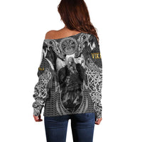 Odin and Viking Warrior Norse Mythology Off Shoulder Sweater Realistic Black and Grey Tattoo Style
