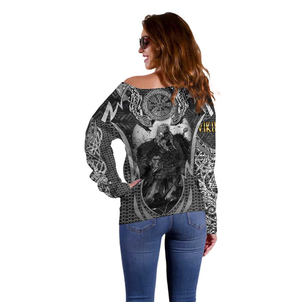 Odin and Viking Warrior Norse Mythology Off Shoulder Sweater Realistic Black and Grey Tattoo Style