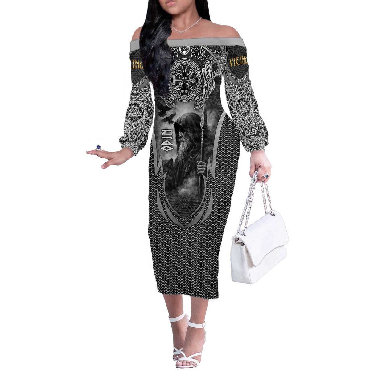 Odin and Viking Warrior Norse Mythology Off The Shoulder Long Sleeve Dress Realistic Black and Grey Tattoo Style