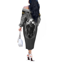 Odin and Viking Warrior Norse Mythology Off The Shoulder Long Sleeve Dress Realistic Black and Grey Tattoo Style