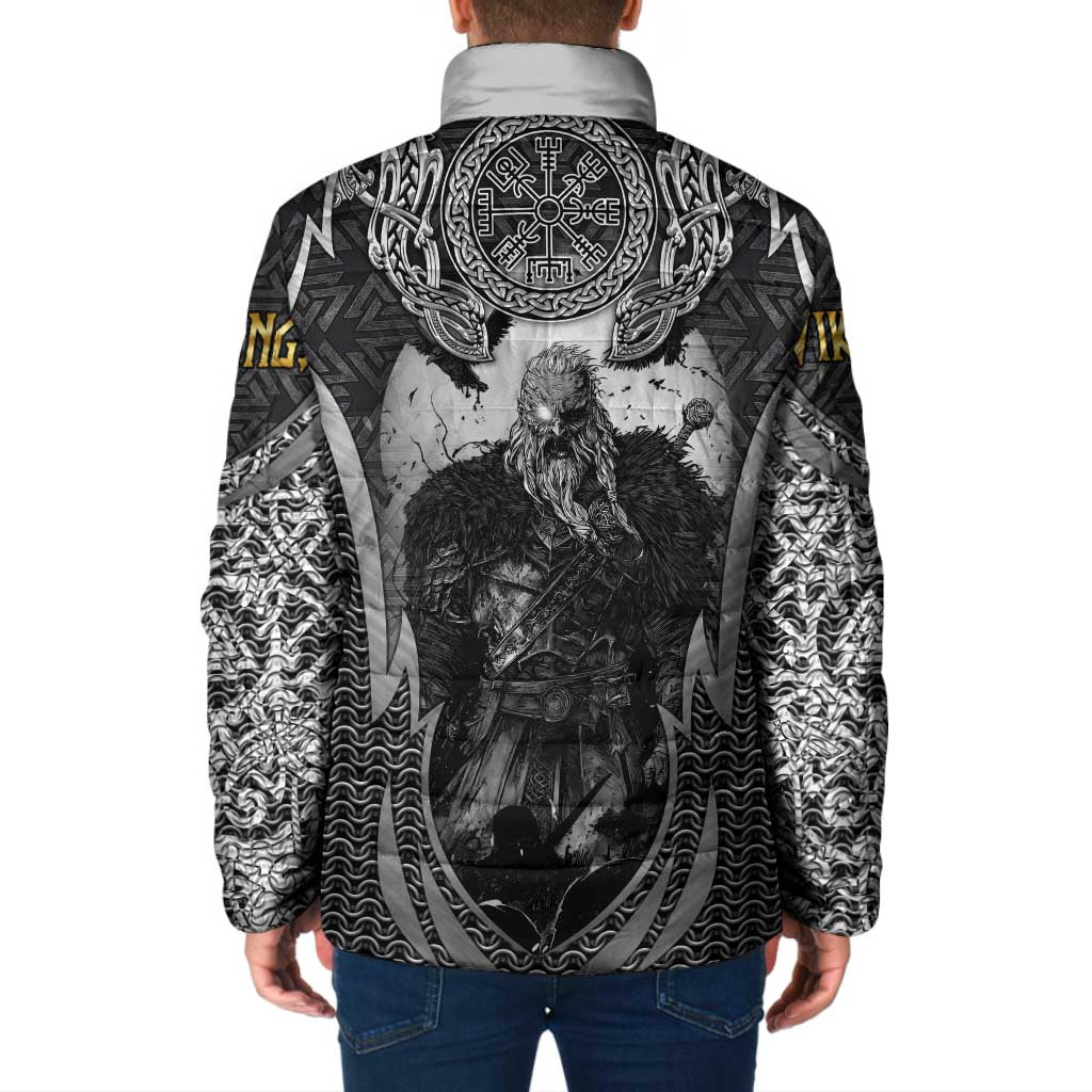 Odin and Viking Warrior Norse Mythology Padded Jacket Realistic Black and Grey Tattoo Style