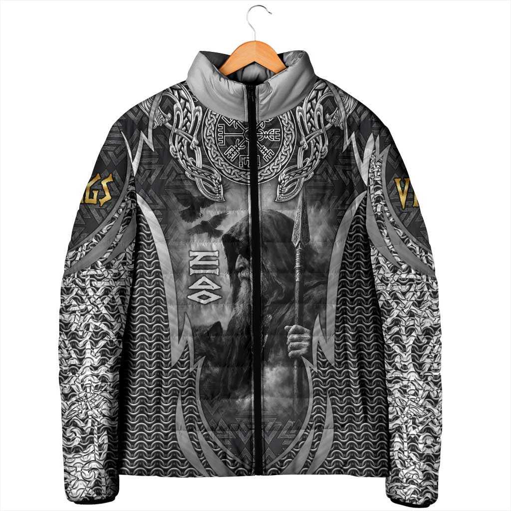 Odin and Viking Warrior Norse Mythology Padded Jacket Realistic Black and Grey Tattoo Style