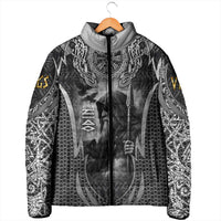 Odin and Viking Warrior Norse Mythology Padded Jacket Realistic Black and Grey Tattoo Style