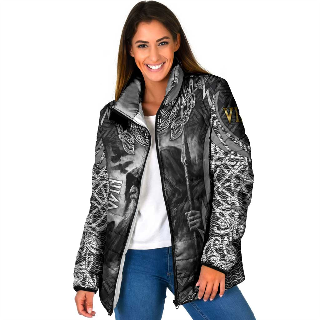 Odin and Viking Warrior Norse Mythology Padded Jacket Realistic Black and Grey Tattoo Style