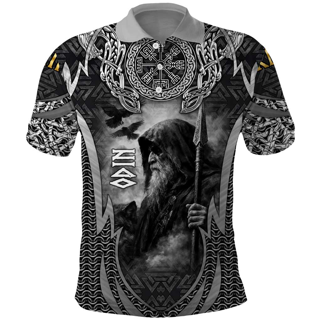 Odin and Viking Warrior Norse Mythology Polo Shirt Realistic Black and Grey Tattoo Style