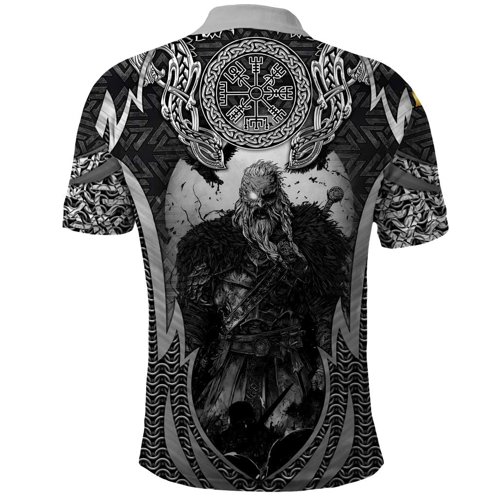 Odin and Viking Warrior Norse Mythology Polo Shirt Realistic Black and Grey Tattoo Style