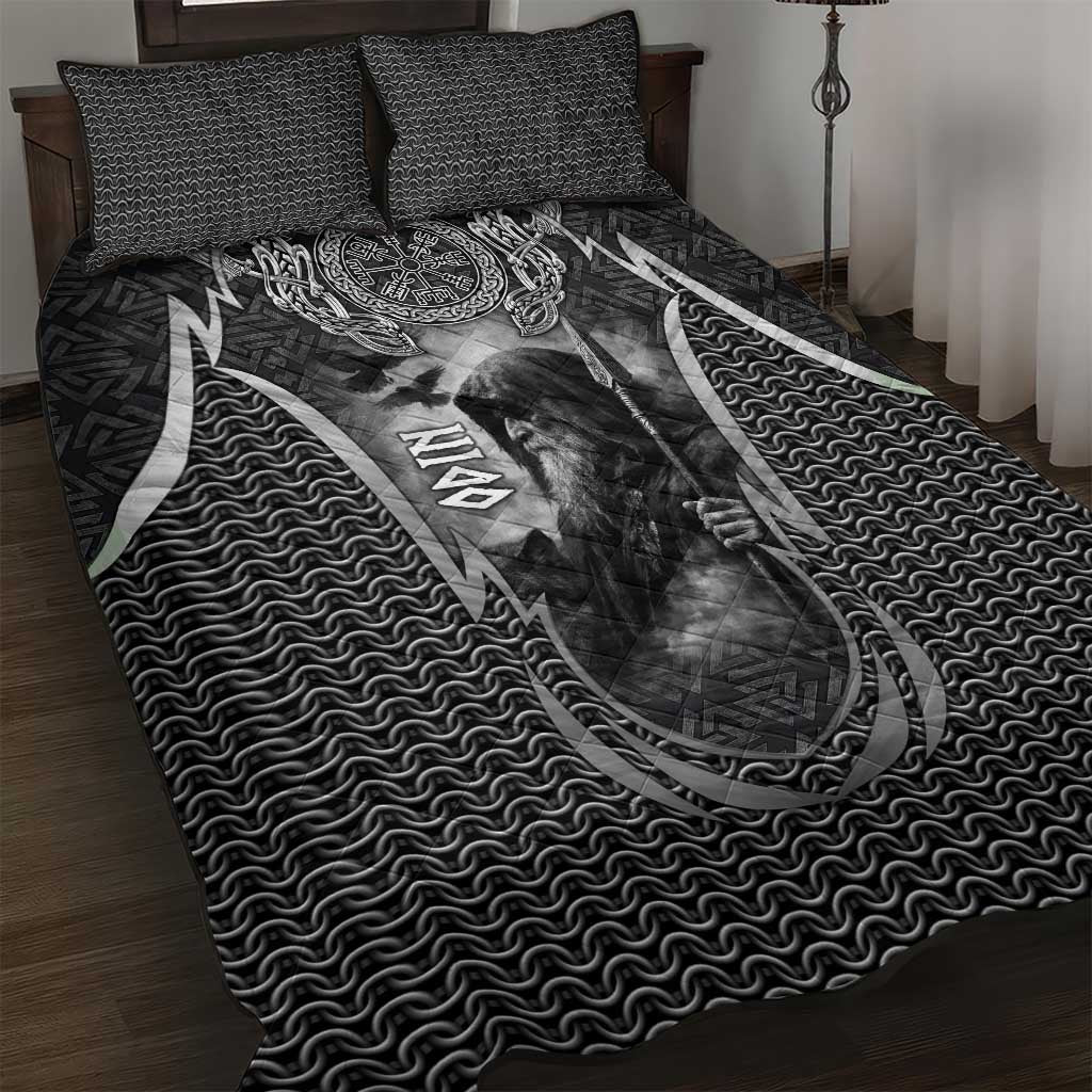 Odin and Viking Warrior Norse Mythology Quilt Bed Set Realistic Black and Grey Tattoo Style
