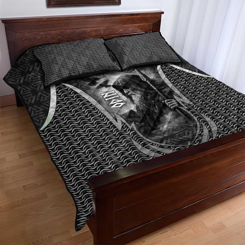 Odin and Viking Warrior Norse Mythology Quilt Bed Set Realistic Black and Grey Tattoo Style