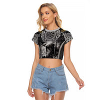 Odin and Viking Warrior Norse Mythology Raglan Cropped T Shirt Realistic Black and Grey Tattoo Style