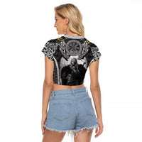 Odin and Viking Warrior Norse Mythology Raglan Cropped T Shirt Realistic Black and Grey Tattoo Style