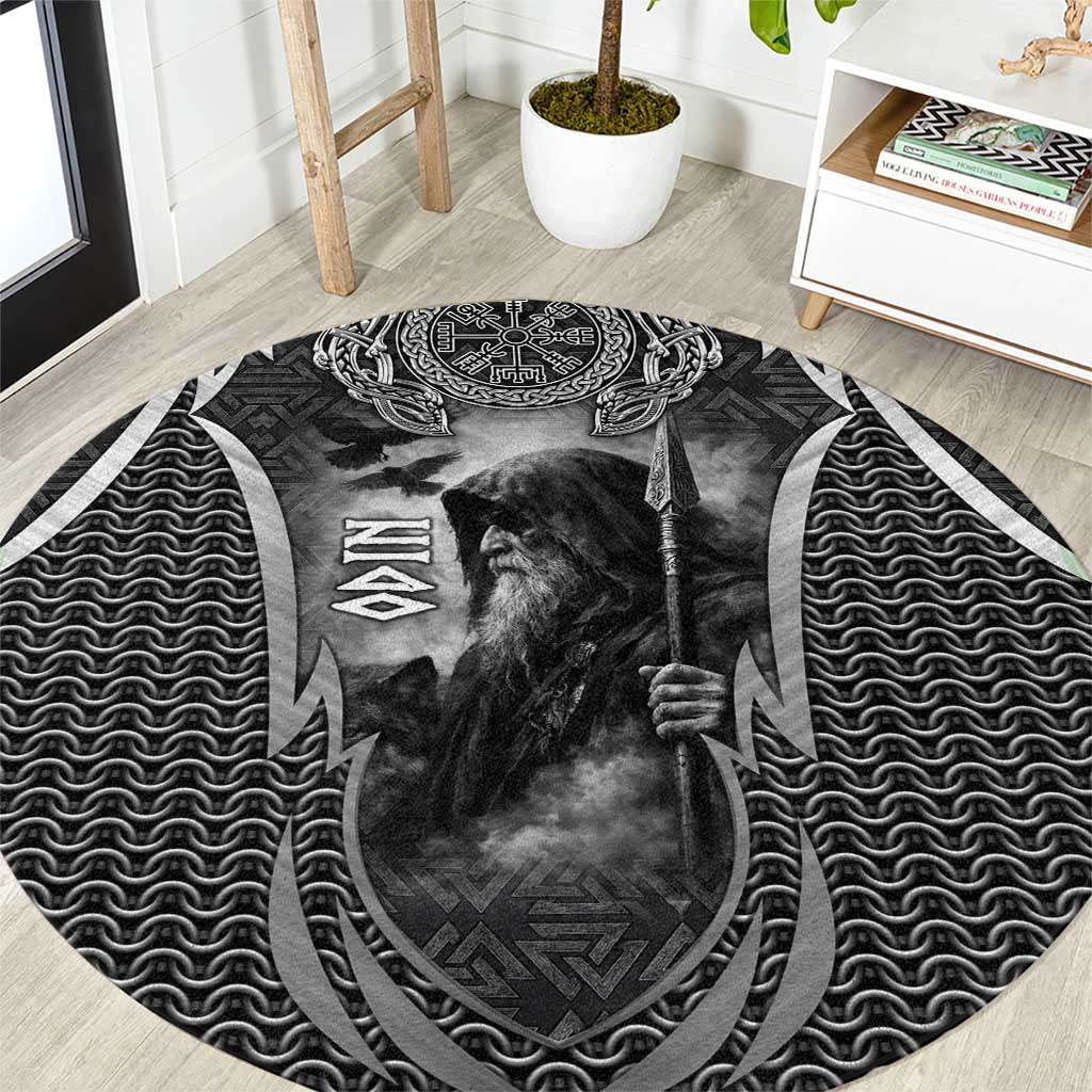 Odin and Viking Warrior Norse Mythology Round Carpet Realistic Black and Grey Tattoo Style